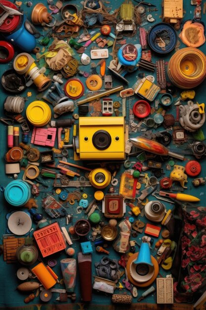 Foto top-ansicht von farbenfrohen weggeworfenen objekten, die mit generativer ai erstellt wurden