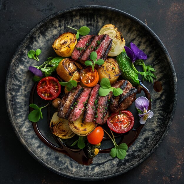 Top-Ansicht von gegrilltem Rindfleisch und lebendig gegrilltem Gemüse auf einer runden Scheibe auf einem dunklen Tisch