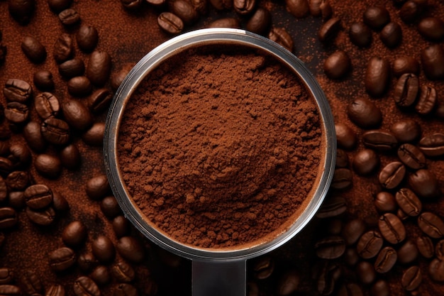 Top-Ansicht von gemahlenem Kaffee im Portafilter auf Kaffeebohnen-Hintergrund