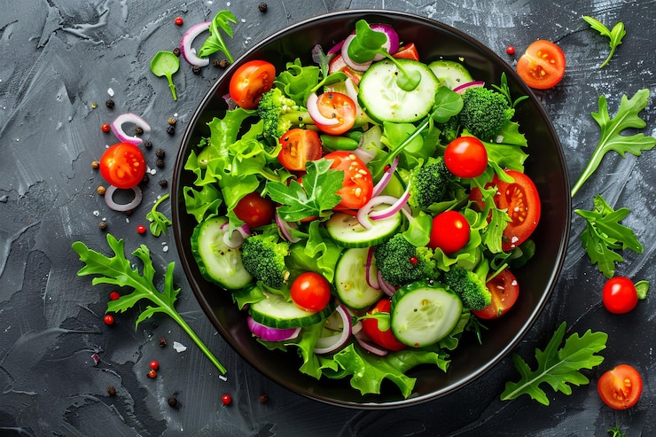 Foto top-ansicht von gemüsesalat auf grauem tisch mit kopierplatz