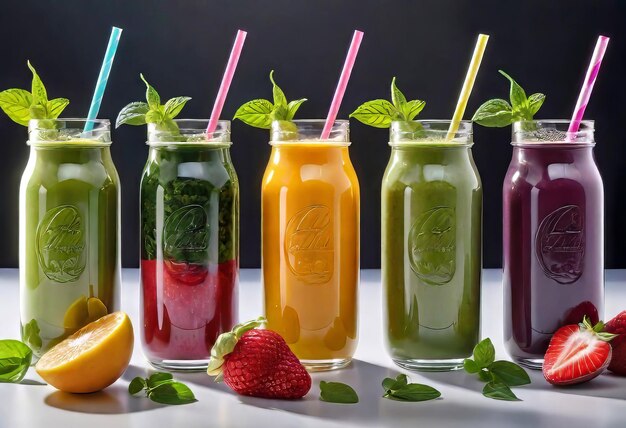 Top-Ansicht von gesunden frischen Obst- und Gemüsesmoothies mit verschiedenen Zutaten, die in Glas serviert werden