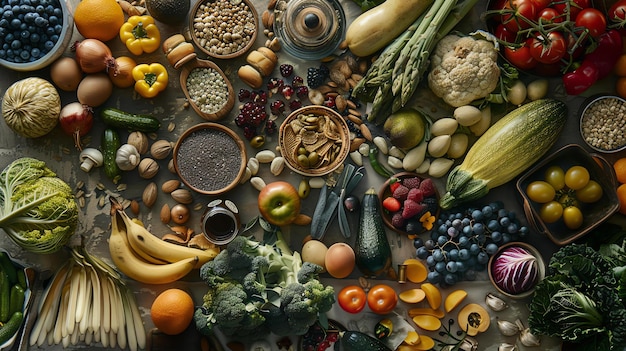 Foto top-ansicht von gesunden lebensmittelzutaten auf rustikalem hintergrund sauberes essen-konzept