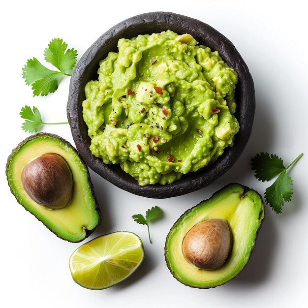 Top-Ansicht von Guacamole-Sauce in einer Schüssel und Avocados auf weißem Hintergrund