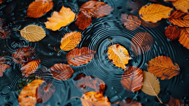 Top-Ansicht von Herbstblättern auf Regenwasser, das perfekt für eine Naturprodukte-Hintergrund für Werbung ist