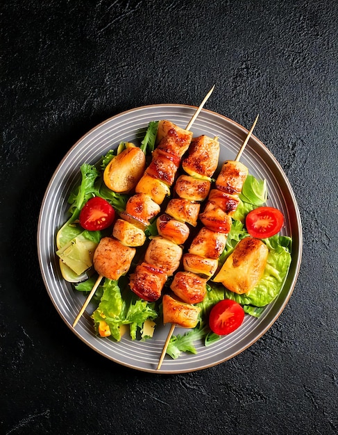 Top-Ansicht von Hühnerspießern auf dunklem Tisch mit Diätsalat Gesundes Essen Zusammensetzung