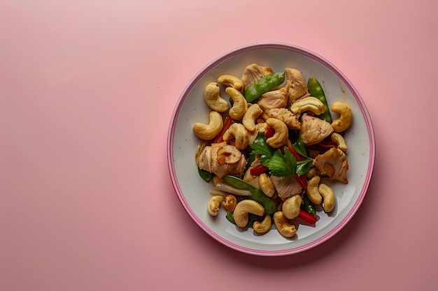 Top-Ansicht von köstlichem Cashew-Hühner-Stir-Fry auf dem Teller mit rosa Hintergrund Asiatisches Küchenkonzept