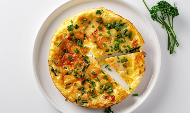 Top-Ansicht von Kreis-Omelette mit Kräutern auf einem weißen Teller, weißer Hintergrund, Frühstück