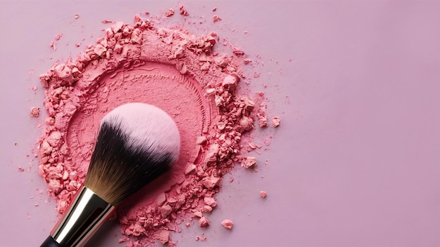 Top-Ansicht von Make-up-Bürste und rosa Gesichtspulver