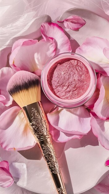 Top-Ansicht von Make-up-Bürste und rosa Gesichtspulver