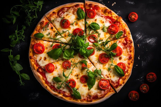 Top-Ansicht von Pizza Margherita auf schwarzem Stein-Hintergrund generativ ai