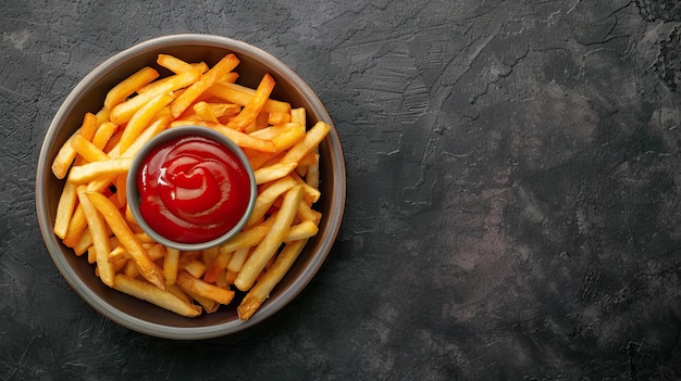 Top-Ansicht von Pommes Frites mit Ketchup auf dunklem Tisch