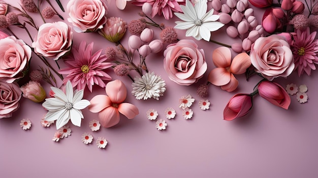 Top-Ansicht von schönen Blumen auf rosa Hintergrund für Valentinstagebanner oder Poster