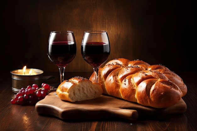 Top-Ansicht von Shabbat-Artikeln Challah-Brot Wein und Kerzen