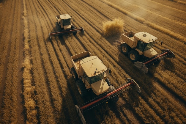 Top-Ansicht von Traktoren, die auf dem Feld ernten, ästhetisches Aussehen