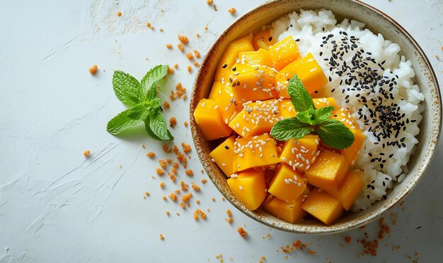 Top-Ansichten von süßem klebrigem Reis mit Mango-Thai-Dessertarrangement auf weißem Hintergrund