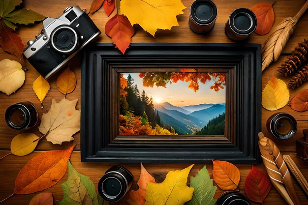 Top-Aufnahme des Rahmens mit Kamera und Herbstblättern