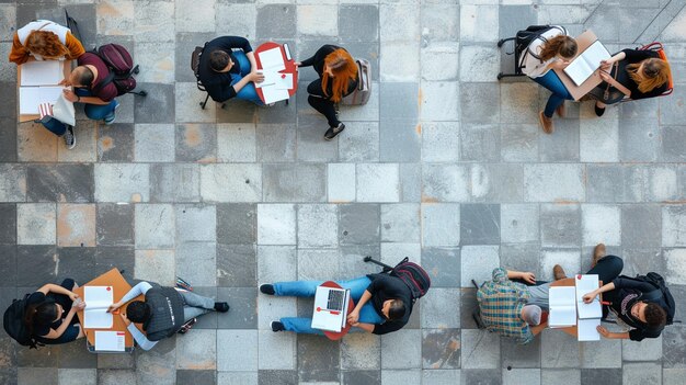 Top-Aufnahme einer Gruppe von Studenten, die zusammen auf dem Universitätscampus studieren