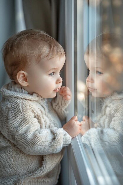 Top-Aufnahme eines anonymen und neugierigen Jungen, der zu Hause spielt und sein Spiegelbild im Fenster sieht