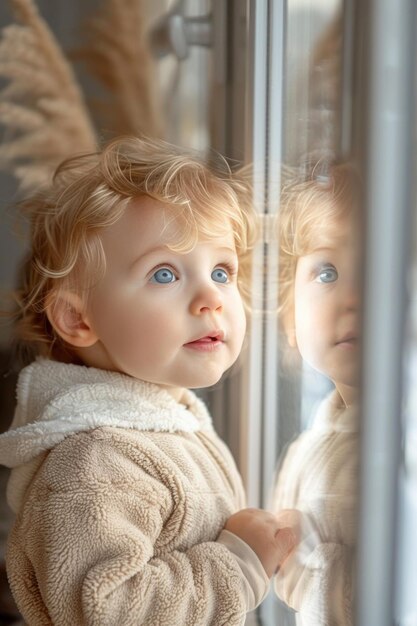 Top-Aufnahme eines anonymen und neugierigen Jungen, der zu Hause spielt und sein Spiegelbild im Fenster sieht