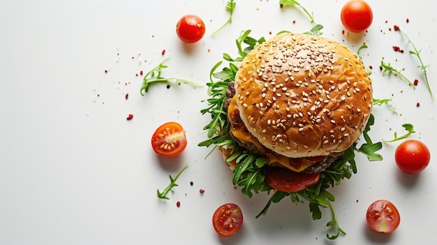 Top-Aufnahme eines Burgers auf einem sauberen weißen Hintergrund