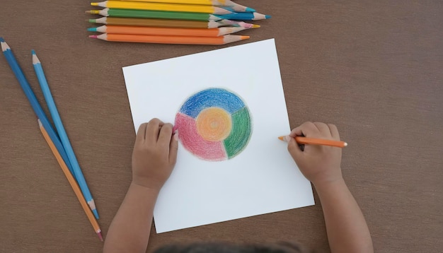 Top-Aufnahme eines Kindes, das einen farbigen Bleistift auf einem Tisch hält