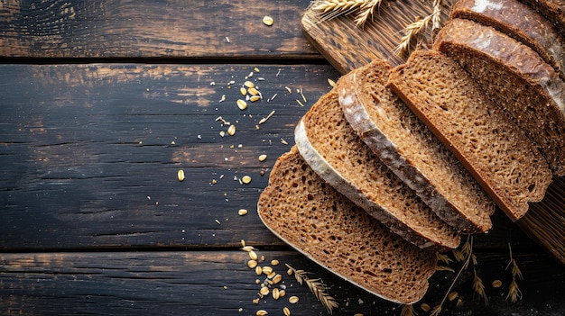 Top-Aufnahme von geschnittenem Vollkornbrot auf dunklem, rutschigem Holz-Hintergrund