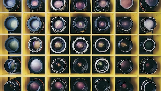 Top-Aufnahme von Kameraobjektiven mit gelbem Rahmen