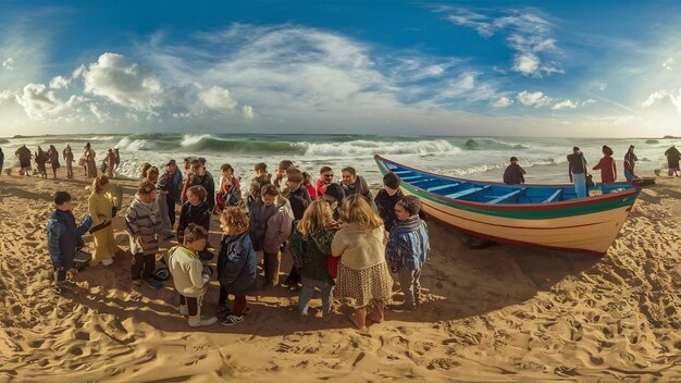 Top-Aufnahme von Menschen in der Nähe eines Bootes im Sand von Varkala Beach