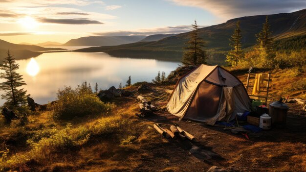 Top-Aussicht auf ein Camping mit Zelten und einem Meer von Wolken an einem sonnigen Morgen