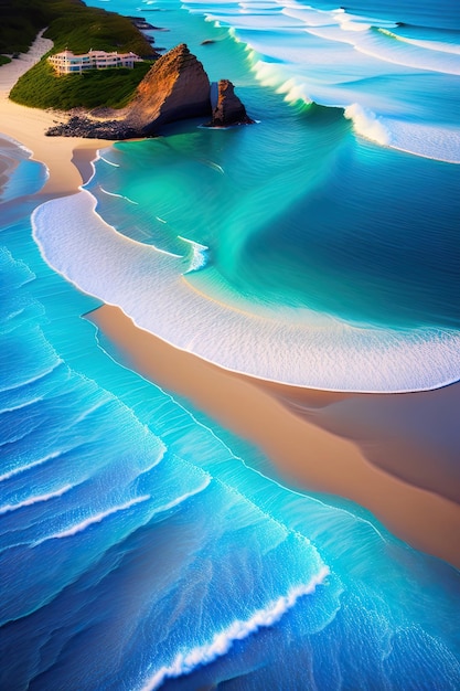 Top-Aussicht auf Ozeanwellen an der Sandstrandlandschaft Unglaublich wunderschönes Meeresbild im Hintergrund Postpro