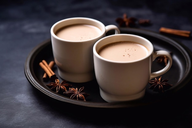 Top-Aussicht der indischen Kräuter Masala Chai oder traditionellen Getränk Tee mit Milch und Gewürzen Zwei Tassen