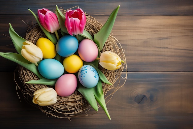 Top-Aussicht von farbenfrohen Ostereiern und Tulpen in einem Nest