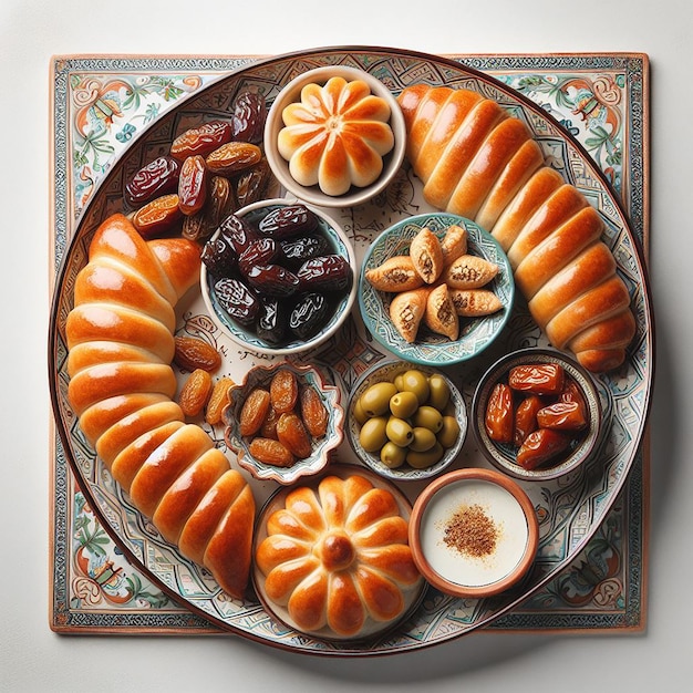 Top-Down-Ansicht des traditionellen Iftar mit Gebäck, Datteln, Oliven und Labneh auf einem dekorativen Teller