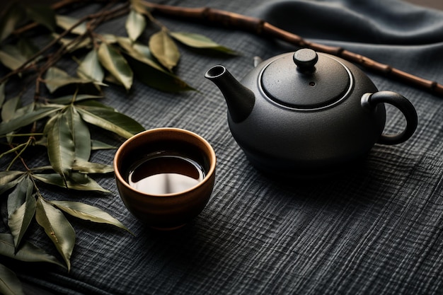 Top-Down-Ansicht eines japanischen Gusseisen-Teekessels neben einer keramischen Teetasse