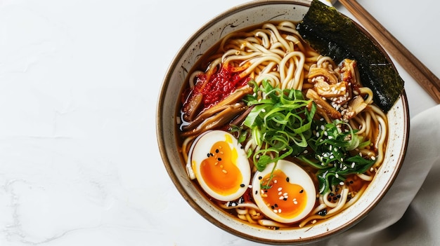 Top-Down-Aufnahme einer klassischen Schüssel Shoyu Ramen auf weißem Hintergrund