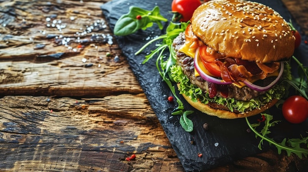Foto top-down-aufnahme eines gourmet-burgers mit kreativen toppings auf einem schieferplatt