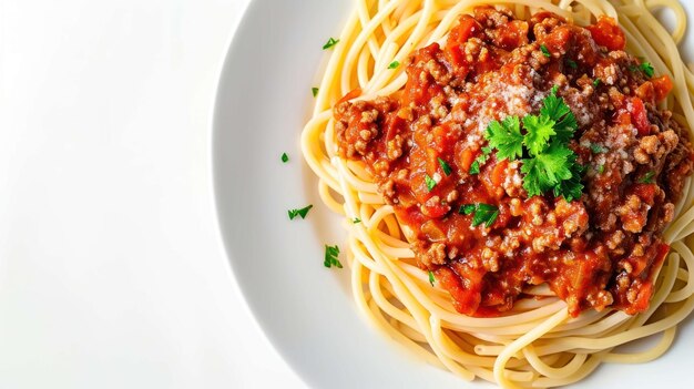 Top-Down-Aufnahme eines klassischen Spaghetti Bolognese auf weißem Hintergrund