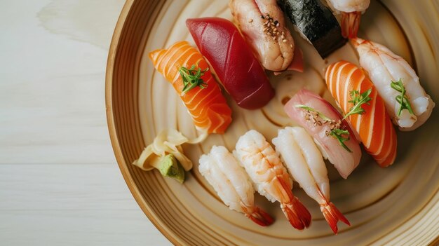 Top-Down-Aufnahme eines Nigiri Platter auf weißem Hintergrund