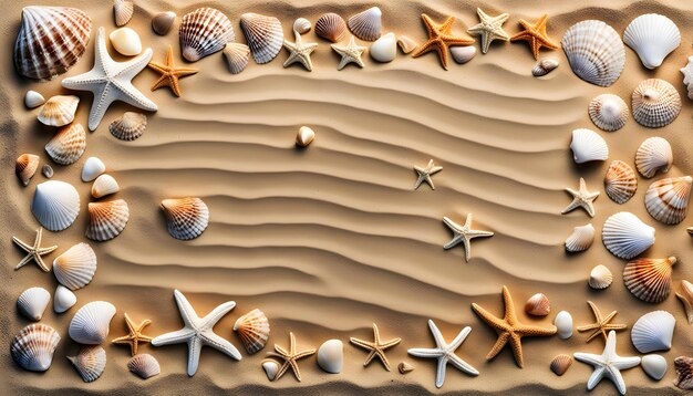 Top-Perspektive auf einer sandigen Ozean-Seite-Oberfläche mit Gravierungen von ungewöhnlichen Muscheln