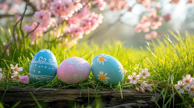 Top veiw Huevos de Pascua pintados en la hierba celebrando una Feliz Pascua en primavera con una flor de cerezo de prado verde y en un banco de madera rústico para exhibir