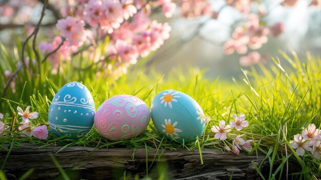 Top veiw Ovos de Páscoa pintados na grama celebrando uma Feliz Páscoa na primavera com uma flor de cereja de prado verde e em um banco de madeira rústico para exibir