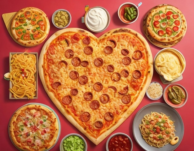 Top-View auf einem Tisch voller verschiedener Arten von Lebensmitteln mit Liebesform Pizza Burger Französisch Vel 113