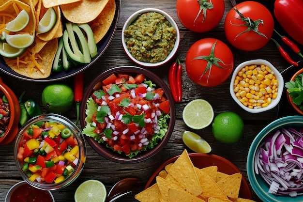 Top-View Auswahl frischer mexikanischer Speisen, die bereit sind, serviert zu werden