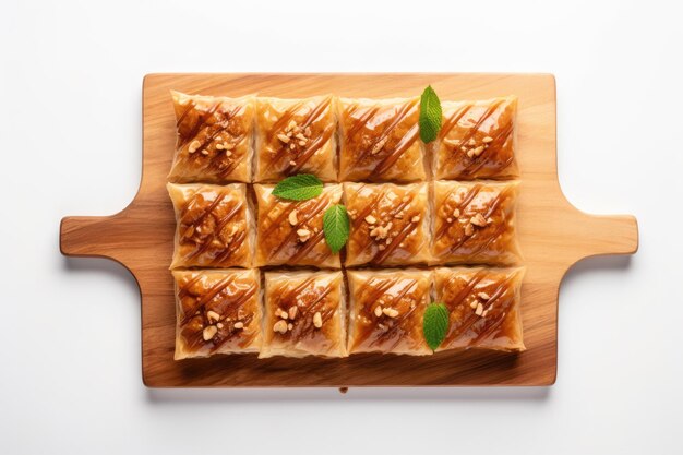 Top View Baklava em um tabuleiro de madeira em fundo branco