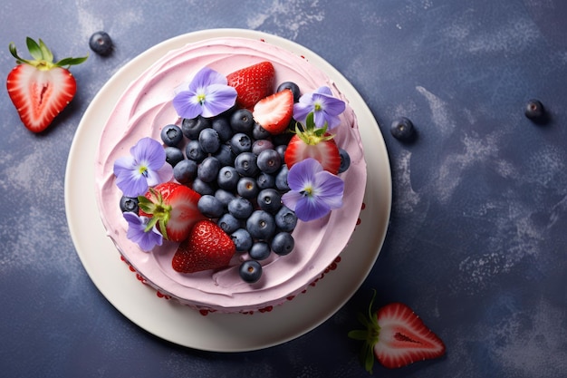 Top-View-Bild von einem Kuchen mit blauen und rosa Schlagcreme frischen Beeren für ein Menü oder Süßwarenhersteller