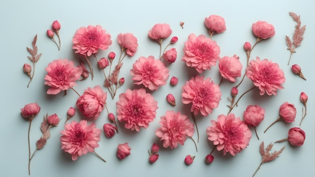 Top-View-Bild von rosa trockenen Blumen auf pastellfarbenem Hintergrund Flachlag