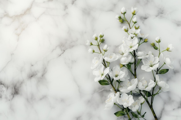 Foto top-view blumendekoration auf einem marmor-hintergrund flachlag minimal