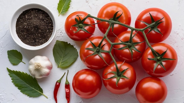 Top view cachos de tomates com uma tigela de pimenta preta alho folhas de pimenta chili em bac branco