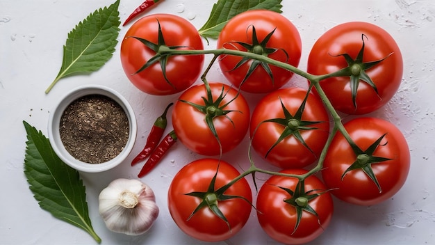 Top view cachos de tomates com uma tigela de pimenta preta alho folhas de pimenta chili em bac branco