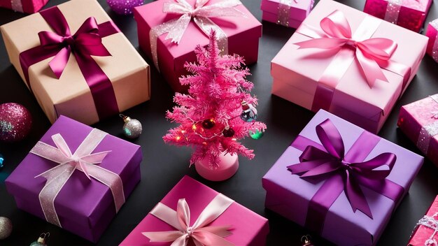 Foto top view caixas de presentes rosa e roxo com fitas rosa árvore de natal brinquedos em fundo escuro isolado livre